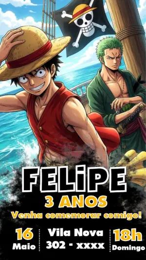 Convite de Aniversário One Piece com Luffy e Zoro para Editar