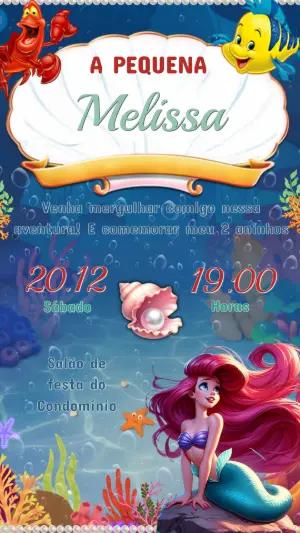 Convite de Aniversário Pequena Sereia Fundo do Mar Editável