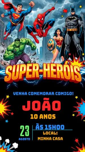 Convite de Aniversário Super-Heróis Estilo Quadrinhos Editável
