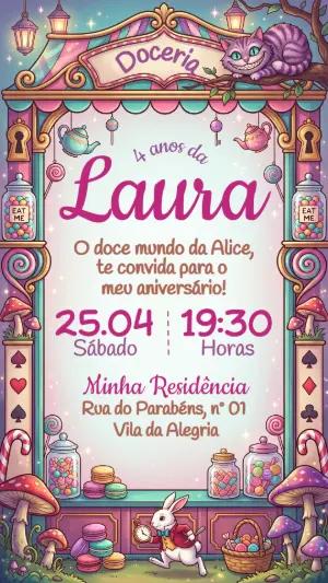 Convite Aniversário Infantil Alice Doceria Modelo Editável