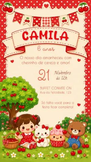 Convite Aniversário Jardim das Fadas e Cerejinha Modelo Editável