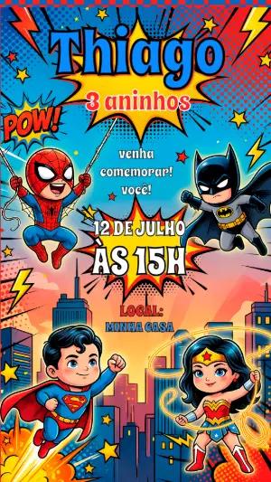 Convite de Aniversário Super Heróis Infantil para Editar