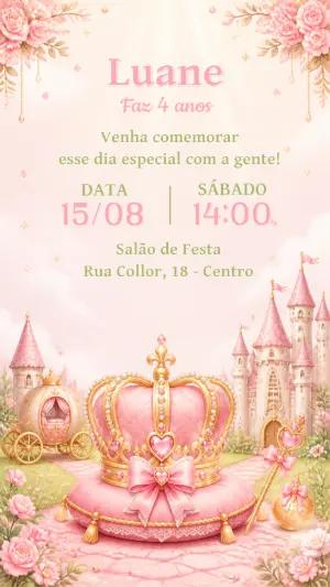 Convite Aniversário Realeza Princesa Rosa Editável