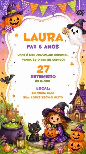 Convite de Aniversário Bruxinha Fofa para Editar