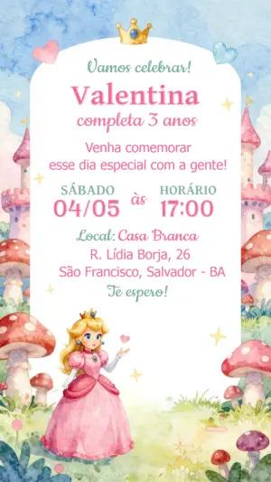 Convite de Aniversário Princesa Peach Aquarela para Editar