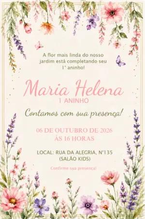 Convite de Aniversário Jardim das Flores Aquarela para Editar