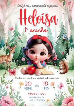 Convite Aniversário Branca de Neve Bebê Bosque Editável