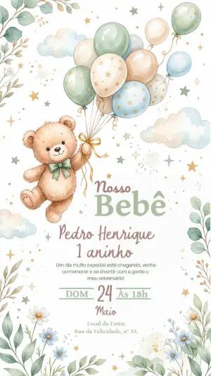 Convite Chá de Bebê Ursinho com Balões Aquarela Editável