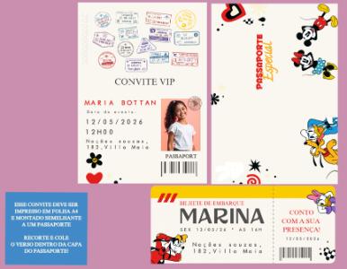 Convite de Aniversário Turma do Mickey Estilo Passaporte Editável