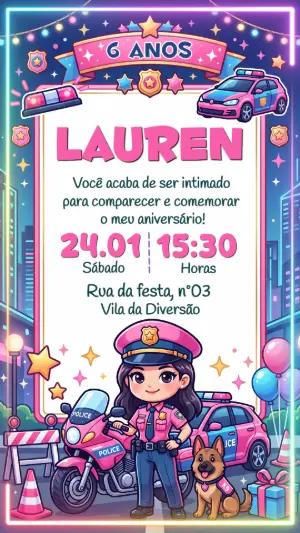 Convite de Aniversário Policial Menina Fofo para Editar