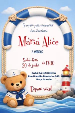 Convite Digital Aniversário Ursinho Marinheiro Editável