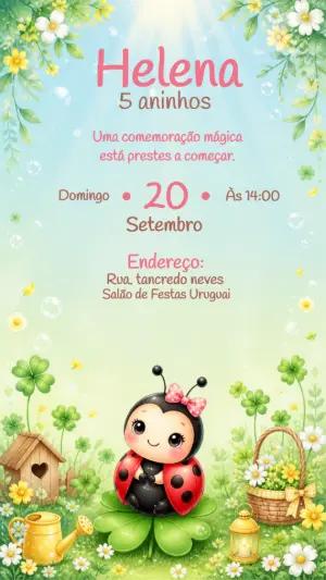 Convite Aniversário Joaninha e Jardim Encantado Editável