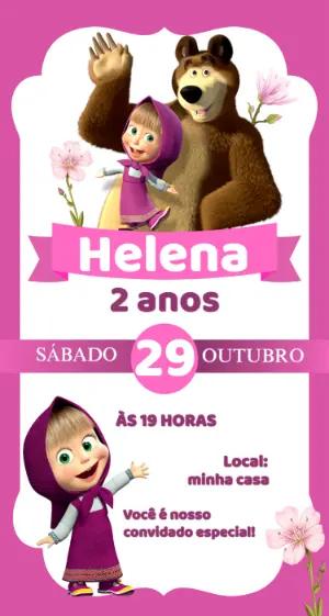 Convite de Aniversário Masha e o Urso Rosa Editável