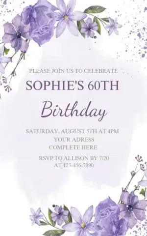 Elegant 60th Birthday Invitation with Purple Flowers - Editable Template
