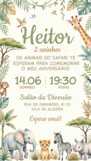 Convite de Aniversário Safari Aquarela Infantil Editável