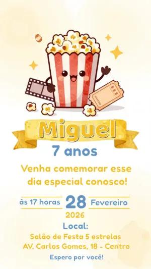 Convite Digital Festa Cinema com Pipoca Fofa para Editar