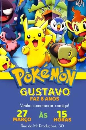 Convite Aniversário Pokémon com Personagens para Editar Online