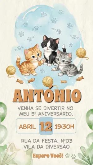Convite de Aniversário Gatinhos Fofos em Aquarela para Editar