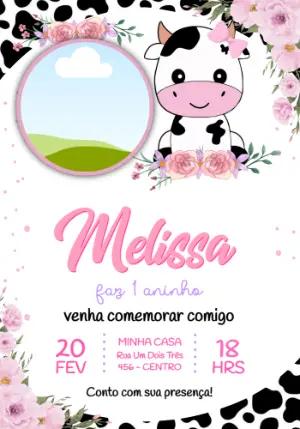 Convite de Aniversário Vaquinha Floral com Foto para Editar