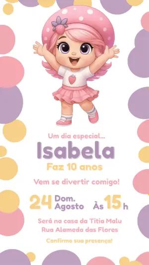 Convite Digital Aniversário Infantil Boneca Morango Tons Pastéis