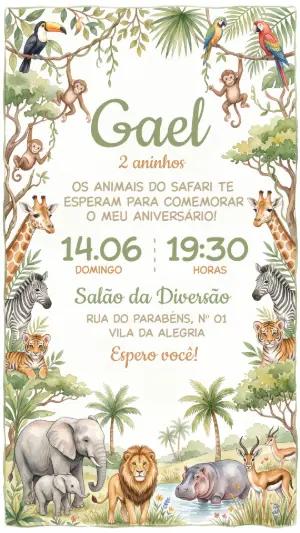 Convite de Aniversário Safari Animais Aquarela Editável