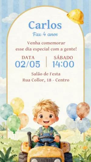 Convite Digital Aniversário Menino Trator Aquarela para Editar