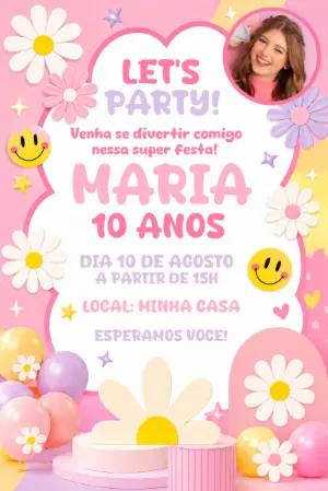 Convite de Aniversário Margarida e Emoji com Foto para Editar