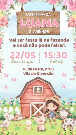 Convite Aniversário Fazendinha Rosa Aquarela Editável
