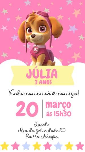 Convite Animado Aniversário Skye Patrulha Canina para Editar