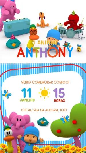 Vídeo Convite de Aniversário Pocoyo Colorido para Editar e Enviar