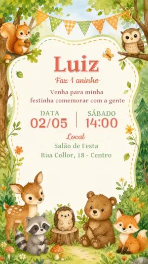 Convite de Aniversário Bosque Encantado Aquarela Editável
