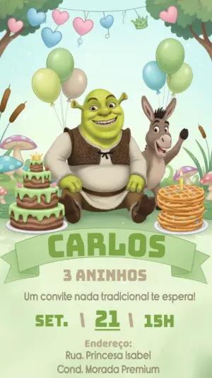 Convite Aniversário Infantil Shrek e Burro Modelo Editável