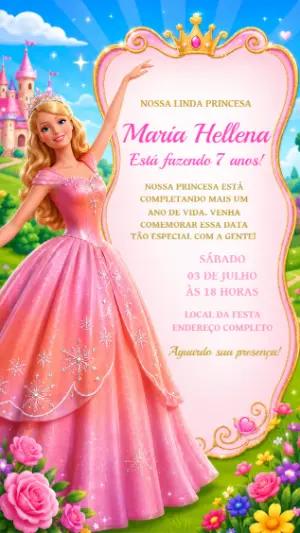 Convite de Aniversário Barbie Princesa Rosa para Editar
