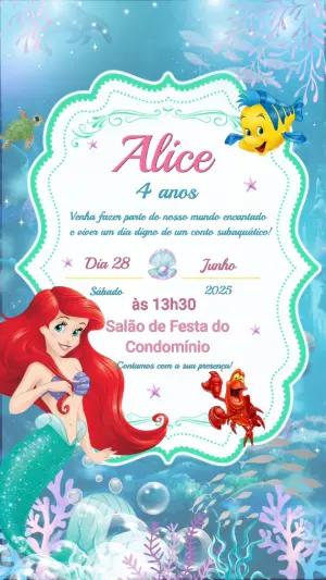 Convite Animado Aniversário Pequena Sereia para Editar