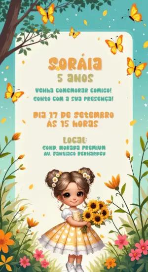 Convite Aniversário Boneca com Girassóis para Editar Online