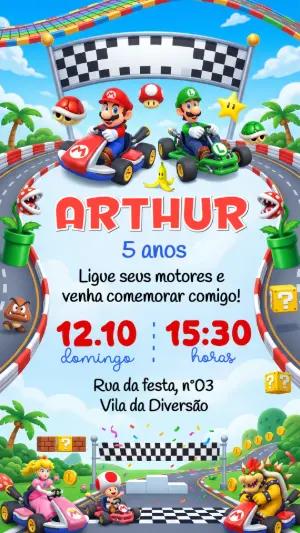 Convite de Aniversário Super Mario Kart Colorido para Editar