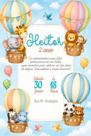 Convite Aniversário Animais no Balão Aquarela para Editar