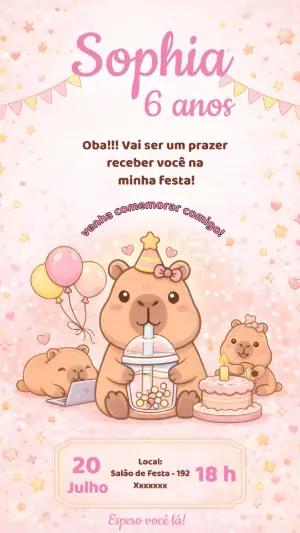 Convite de Aniversário Capivara Fofo Rosa para Editar