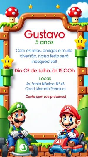 Convite de Aniversário Mario Kart com Luigi para Editar Online