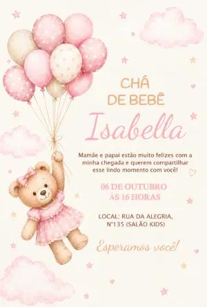 Convite Chá de Bebê Ursinha com Balões Rosa para Editar Online