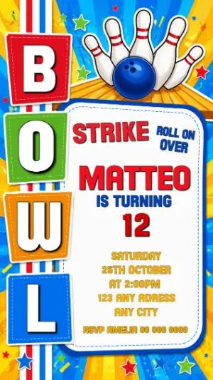 Editable Bowling Birthday Invitation Template | Colorful Strike