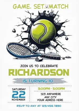 Tennis Birthday Invitation with Smash Effect - Editable Template