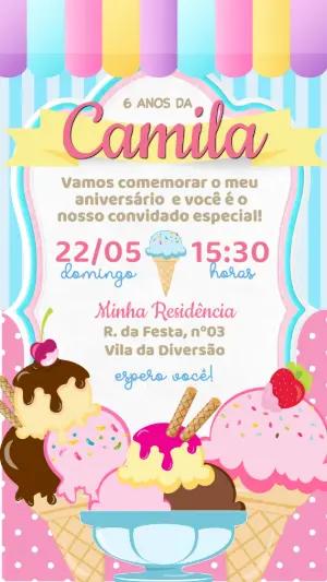 Convite de Aniversário Sorveteria Colorido para Editar