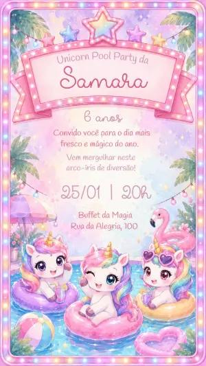 Convite de Aniversário Unicórnio Festa na Piscina Editável