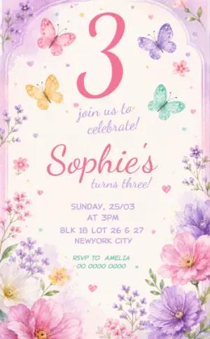 Watercolor Butterfly Birthday Invitation Editable Template
