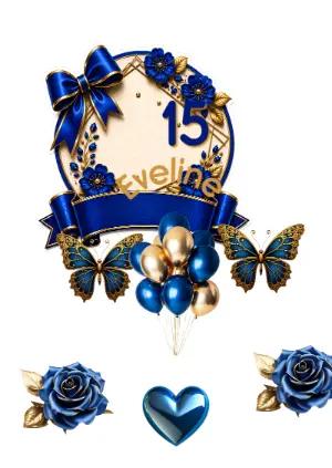 Topo de Bolo 15 Anos Azul e Dourado Elegante para Editar