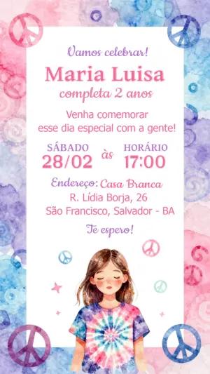 Convite de Aniversário Tie-Dye Hippie Aquarela Editável
