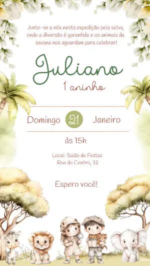Convite de Aniversário Safari Aquarela Fofo para Editar