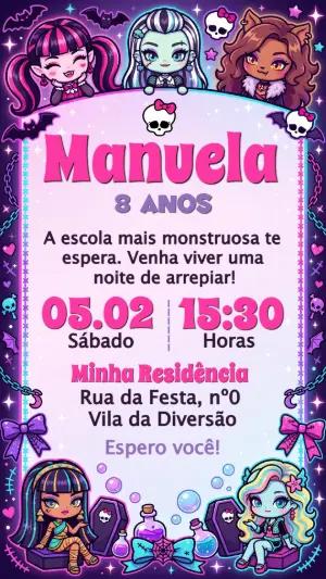 Convite de Aniversário Monster High Editável Estilo Chibi