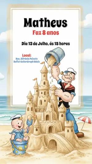 Convite de Aniversário Popeye na Praia para Editar Online